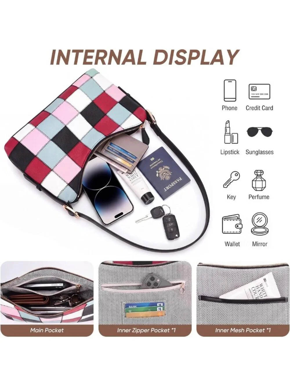 Cute Checkered Vegan Leather Hobo Bag for Women - Stylish Cherry Shoulder Purse